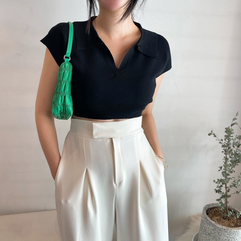 Áo thun dệt kim tay ngắn cổ bẻ màu trơn dáng ôm thời trang cho nữ