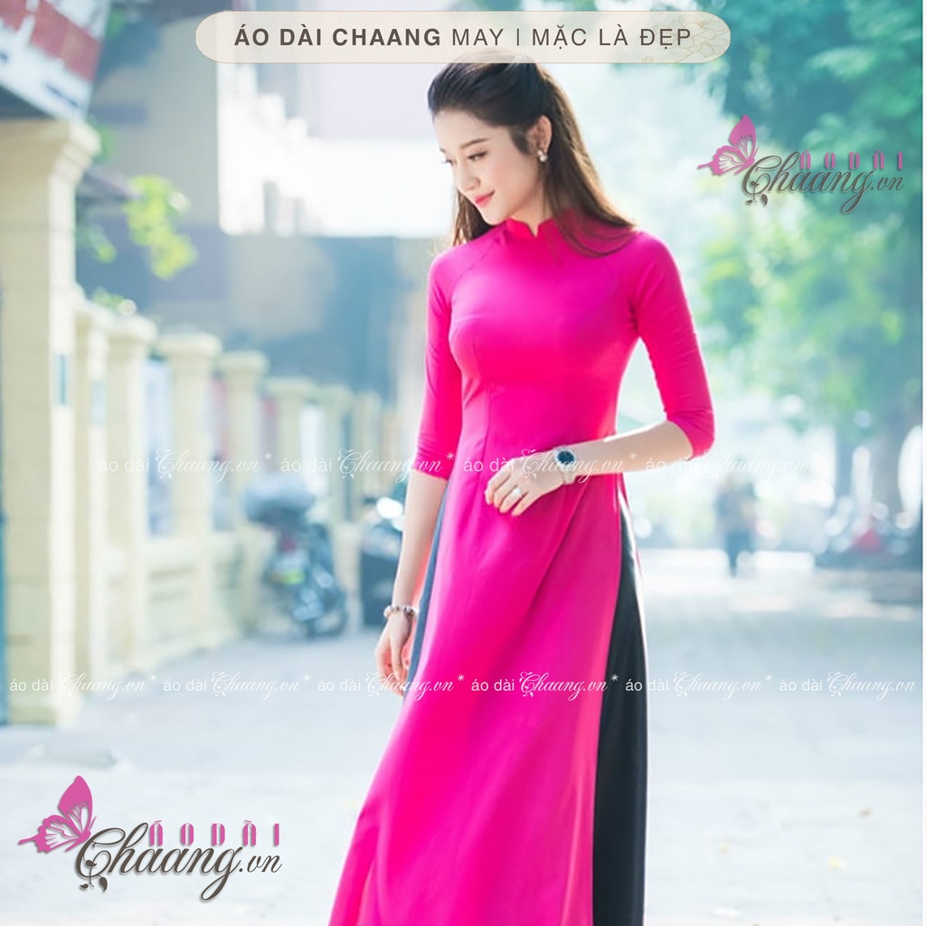 Áo dài màu hồng sen đỏ_Chaang_May sẵn áo dài truyền thống cổ vuông tay lỡ, vải lụa đẹp