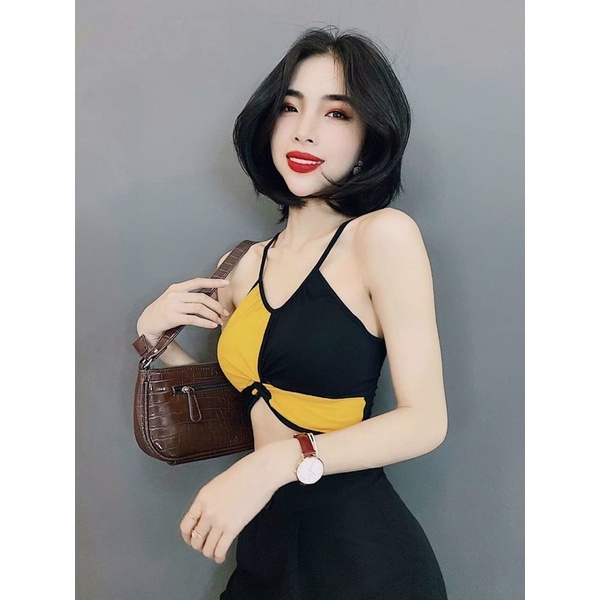 Áo croptop yếm kiểu nữ phối 2 màu đen-vàng SC20 Hati Store