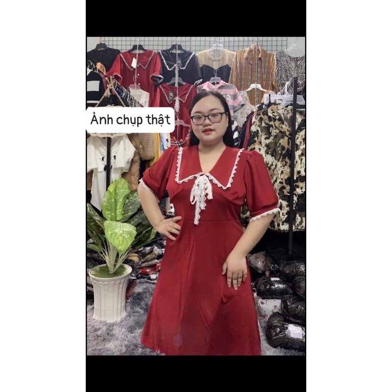 Đầm màu đỏ mặc tết siêu thon gọn, cổ viền hoa ren tiểu thư