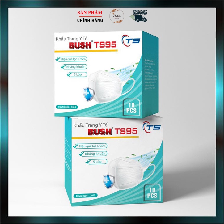 Khẩu trang kháng khuẩn 5 LỚP BUSH TS95 màu trắng HỘP 10Cái ( khẩu trang N95 mẫu mới made in VN)