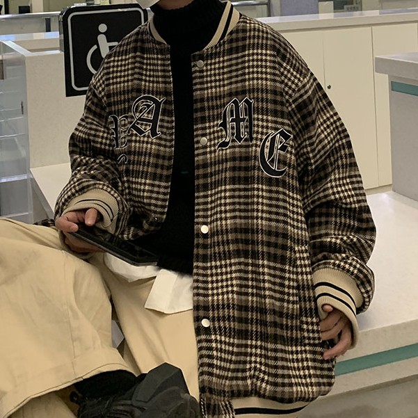 Áo khoác bóng chày kẻ sọc thời trang ca rô thêu chữ dành cho cặp đôi thời trang phong cách hàn quốc áo khoác nam lỏng lẻo giản dị retro