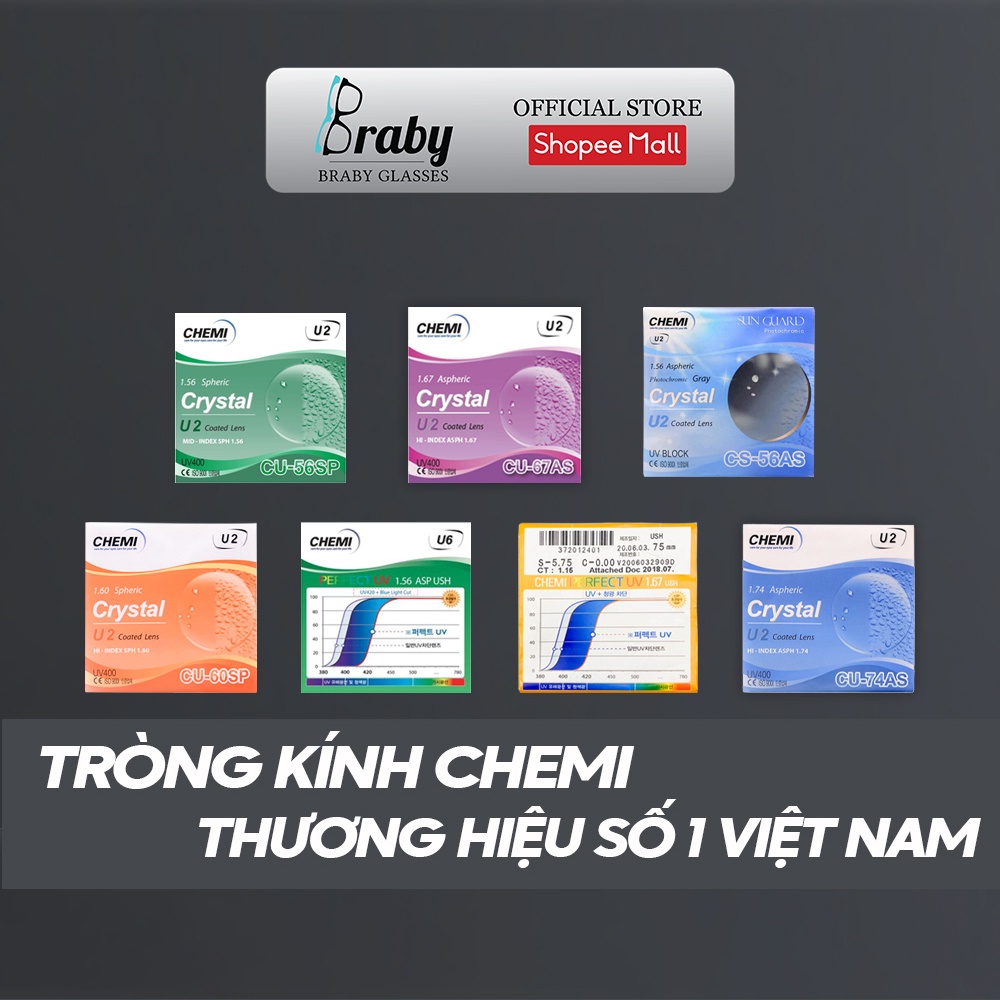 Tròng kính cận loạn Braby Chemi cao cấp chống tia uv, lọc ánh sáng xanh, đổi màu ra nắng