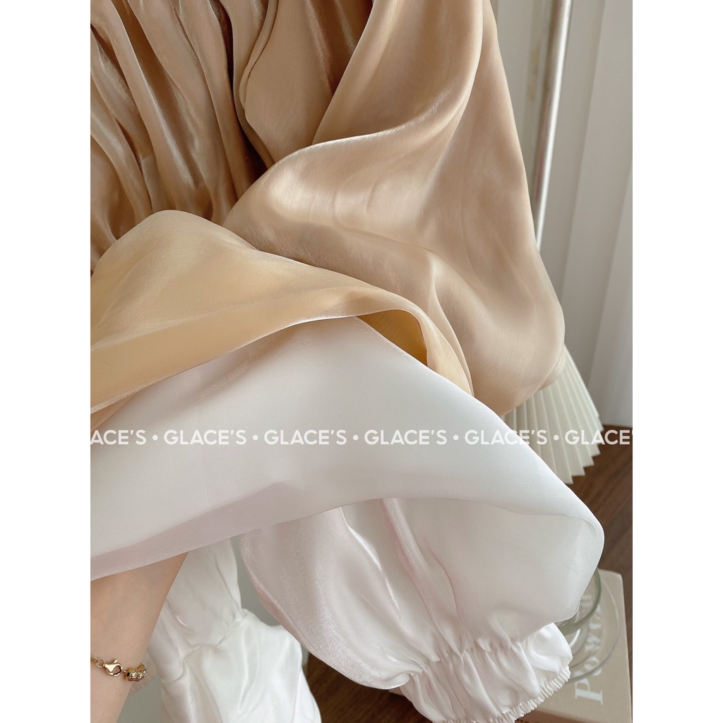 Áo Croptop trễ vai thiết kế dài tay, bo chun mềm chất liệu vải voan tơ Organza, áo Croptop kiểu tay phồng cổ vuông