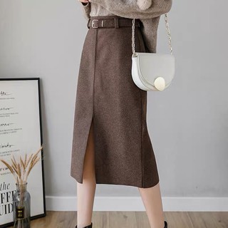 Chân Váy Dạ Xẻ Trước vải Dày Mịn Hot Thu Đông K kèm đai