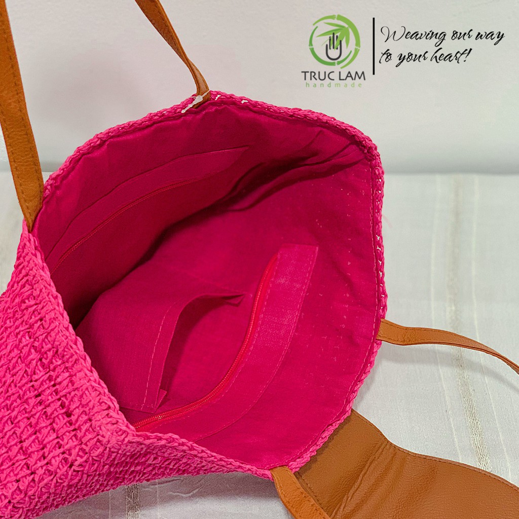 Túi Cói Tote Thời Trang Nữ Quai Và Nắp Da Trang Trí Quả Tua Rua – Trúc Lâm Handmade