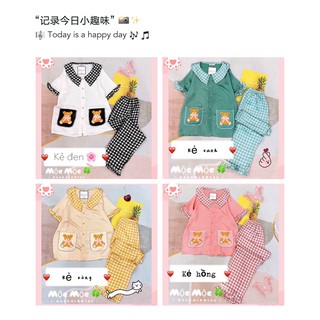 Đồ bộ đồ ngủ pijama dài kẻ caro tay ngắn quần dài 4 màu: hồng, vàng, đen, xanh