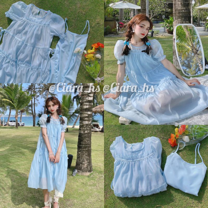 (K14) Váy đầm Ulzzang dáng xòe vải voan thắt nơ màu xanh biển pastel