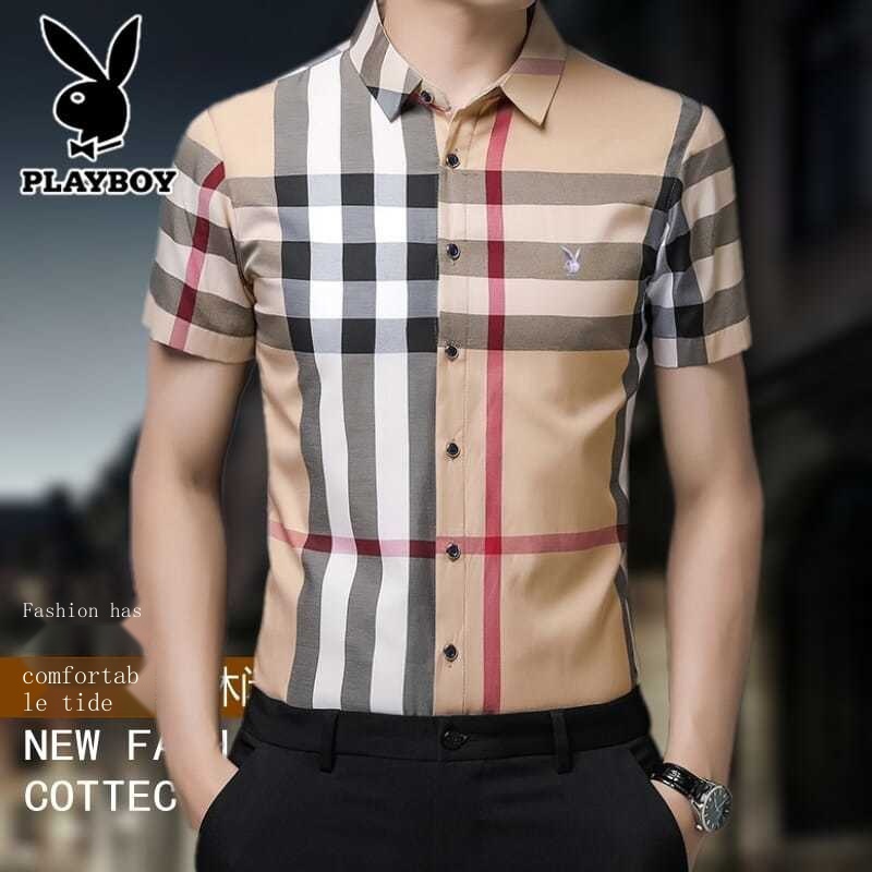 Áo Sơ Mi Playboy Tay Ngắn Kẻ Sọc Vải Cotton Thời Trang Âu Mỹ Cao Cấp Cho Nam Trung Niên