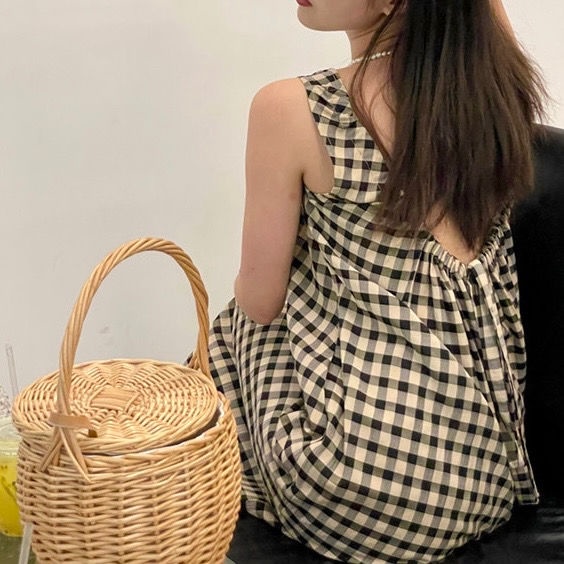 Đầm Dây Rút Xẻ Tà Không Tay Họa Tiết Sọc Caro Phong Cách Hàn Quốc Thời Trang