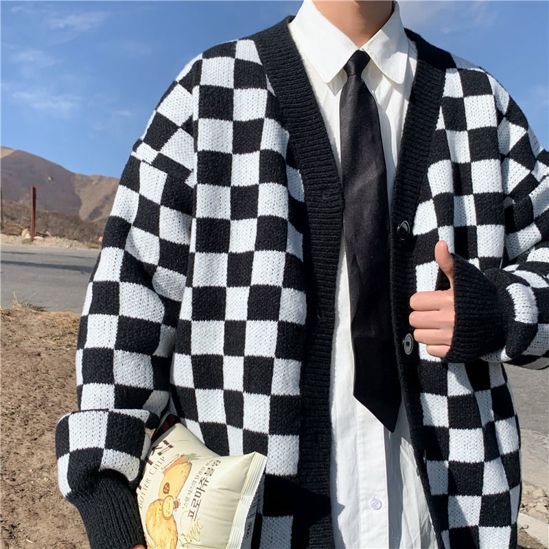 Áo khoác cardigan họa tiết kẻ ô thời trang thu đông cho cặp đôi