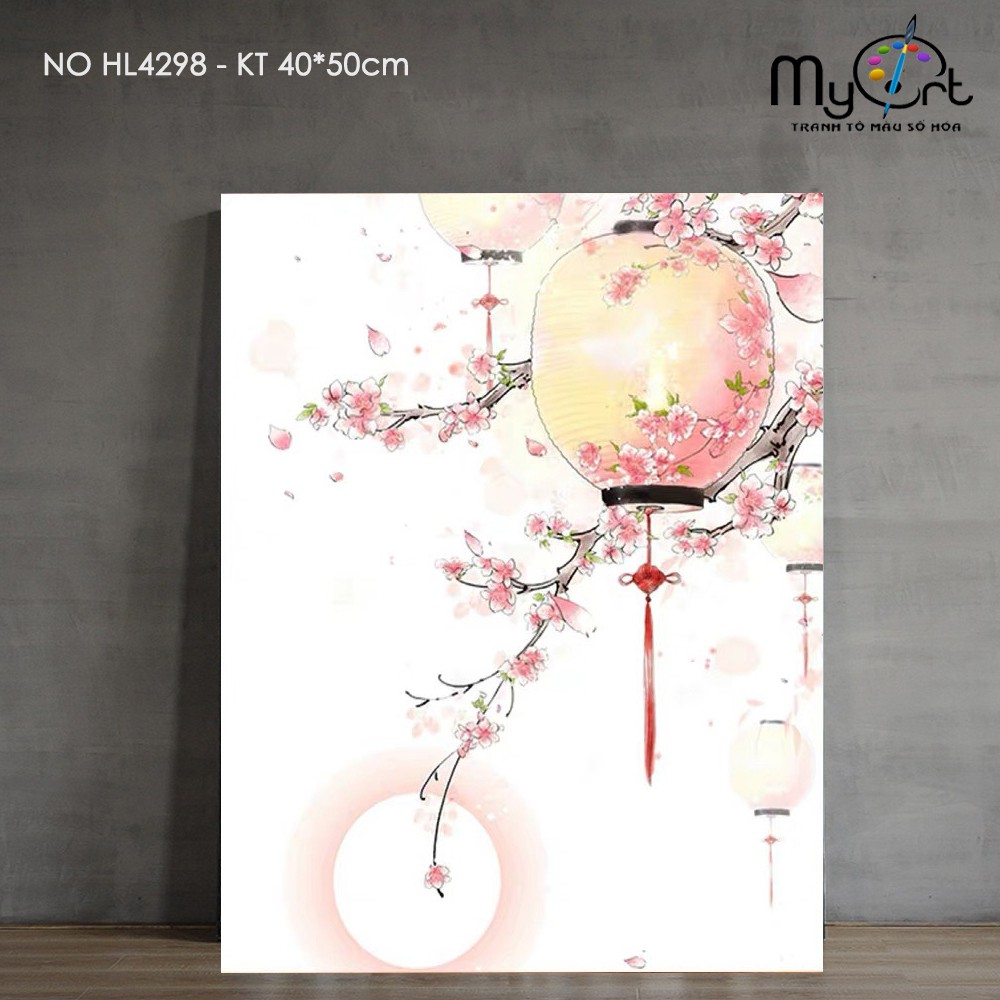 Tranh sơn dầu số hóa hoa anh đào đèn lồng Myart HL4298