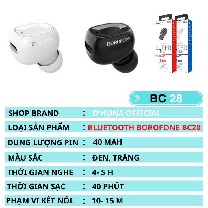 Tai Nghe Bluetooth Mini⚡️BOROFONE BC28 ✔Âm Chất ✔Pin Khủng ✔Nghe Gọi 5 Tiếng [BẢO HÀNH ĐỔI MỚI] - HunaStore