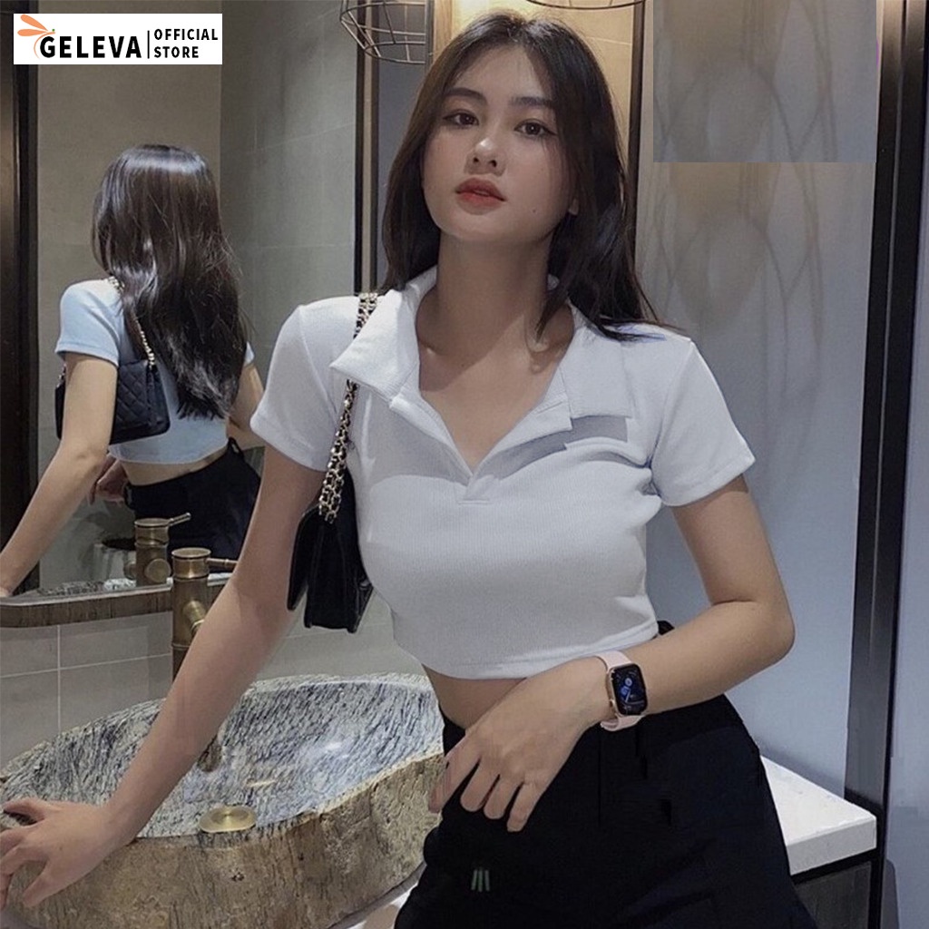 Áo croptop nữ tay ngắn có cổ kiểu polo crt sơ mi thun đẹp, Áo phông crop top nữ nhiều màu trắng đen ghi Geleva GE761