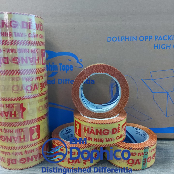 6 Cuộn [ HÀNG DỄ VỠ ] Băng dính in chữ quy cách 48mm x 100Y – Nhãn hiệu Dolphin – Dùng đóng gói cho hàng hoá dễ vỡ