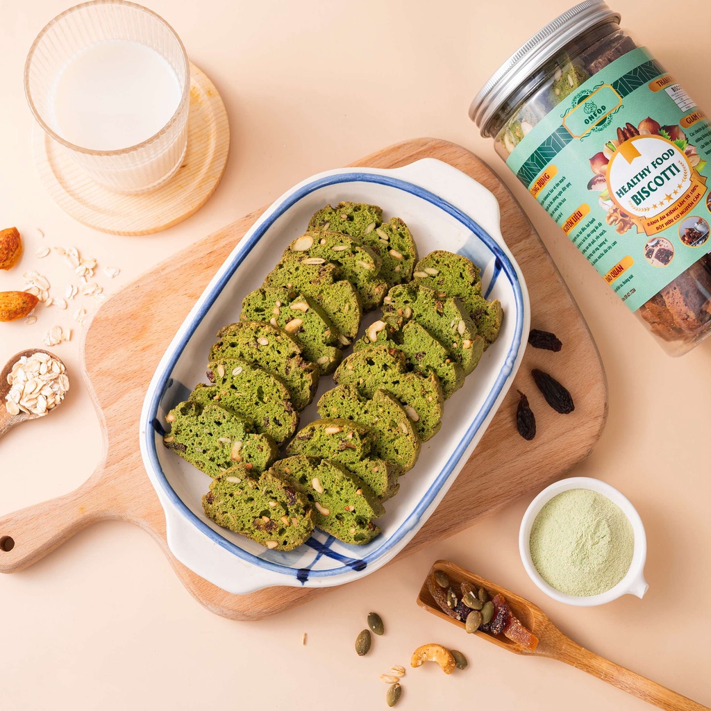 Bánh ăn kiêng biscotti ONFOD vị matcha dành cho người tiểu đường, giảm cân mix 5 vị nguyên cám không đường 250g 500g