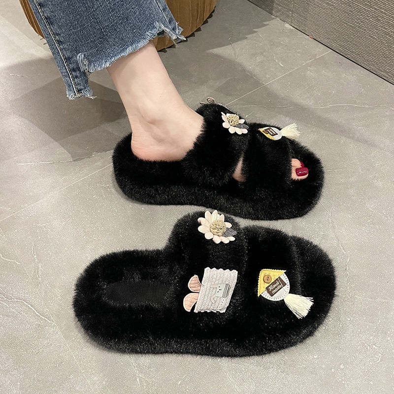 Sandal Đế Dày Phối Lông Nhung Phong Cách Thời Trang Mới Dành Cho Nữ