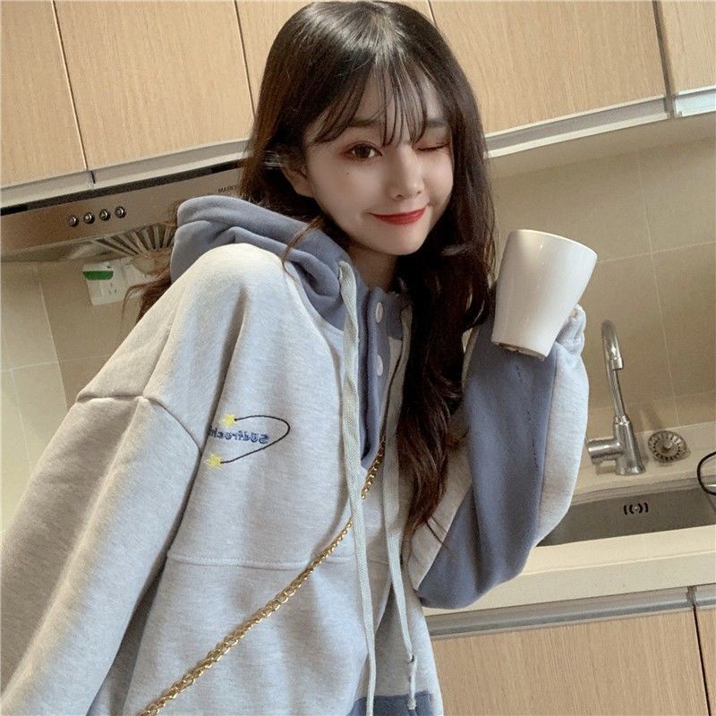 Áo hoodie dài tay màu sắc tương phản phong cách Hàn Quốc