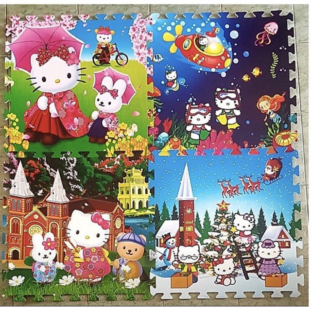 Bộ 4 tấm Thảm xốp lót sàn cho bé hình Kitty Doremon năm anh em siêu nhân 60 x 60cm