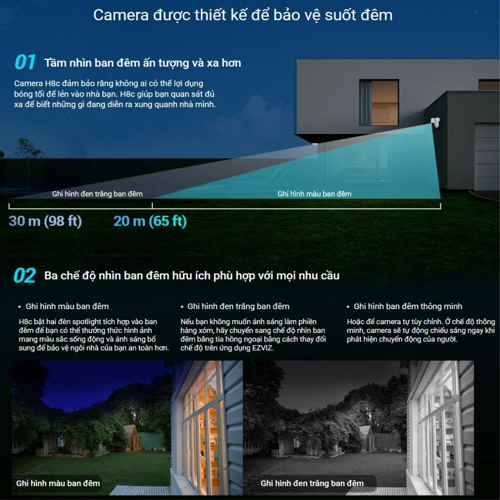 Camera EZVIZ H8C 4MP, H8C 3MP, H8C 2MP - Wifi, Ngoài Trời, Xoay 360 độ, Màu Bang Đêm - Bảo Hành 24 Tháng