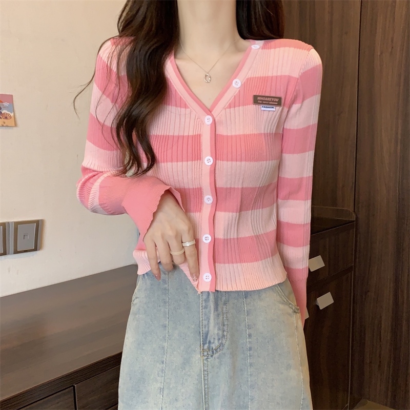 SUXI Áo Cardigan Dệt Kim Kẻ Sọc Dáng Ôm Phong Cách Cổ Điển Thời Trang Quyến Rũ Cho Nữ