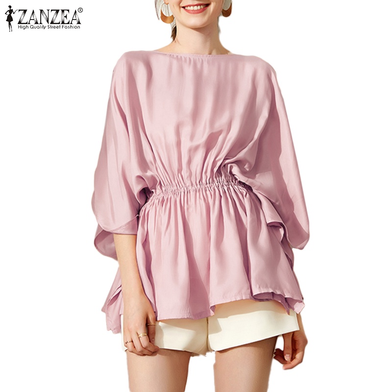 Áo kiểu ZANZEA tay cánh dơi cổ thuyền eo thun màu trơn thời trang dành cho nữ
