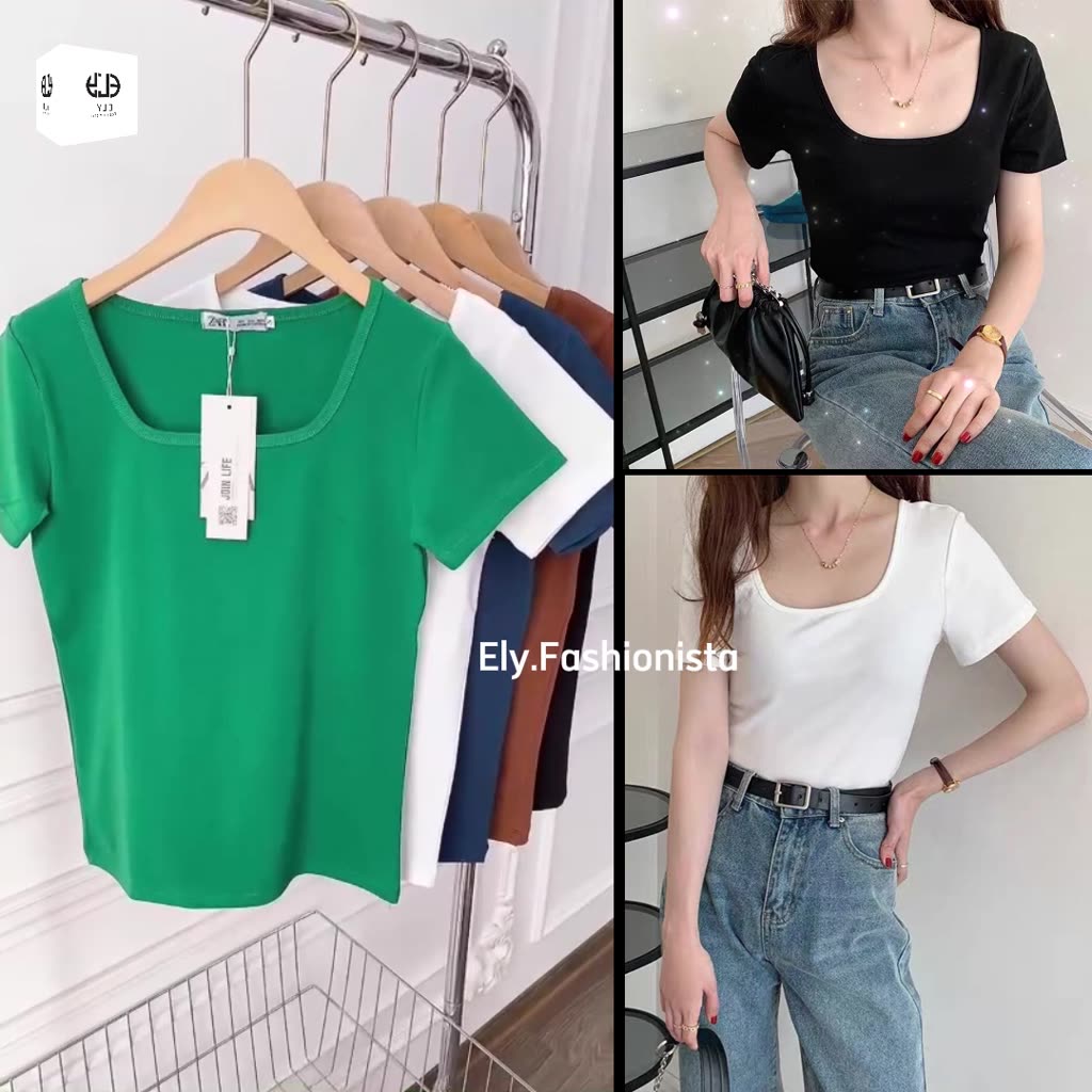 Áo phông nữ cổ vuông ngắn tay ôm sát body cotton thun trơn basic màu đen trắng ELY cao cấp  co giãn đi chơi đi làm ELY22 | BigBuy360 - bigbuy360.vn