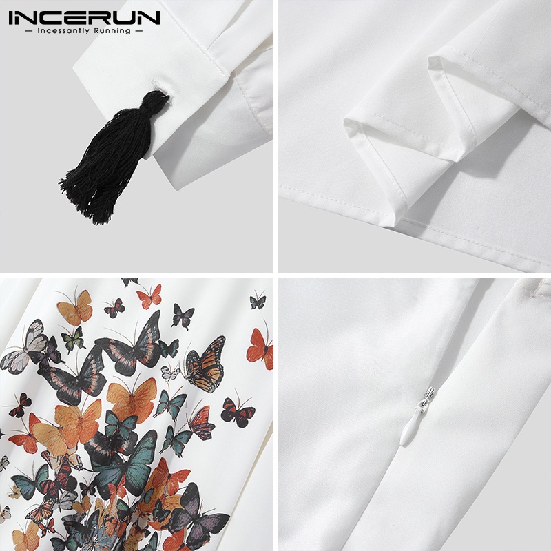 INCERUN Áo Choàng Dài Kaftan Hồi Giáo Tay Dài In Hình Bướm Cổ Điển Có Khóa Kéo Cho Nam