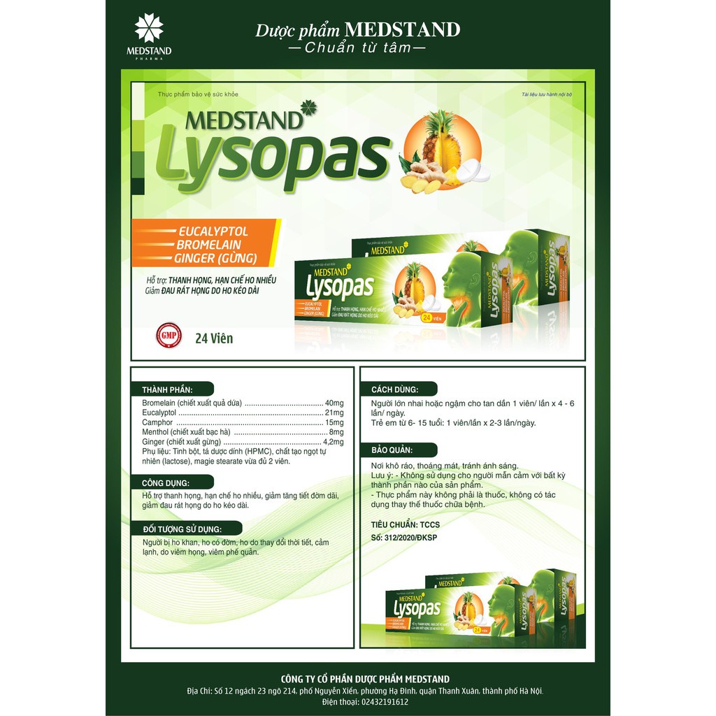 MEDSTAND LYSOPAS – Viên ngậm hỗ trợ thanh họng, giảm ho, đau rát họng kéo dài
