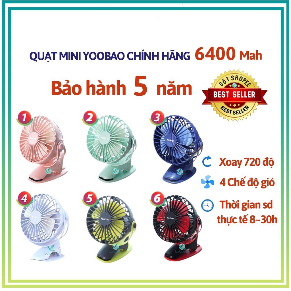 Quạt tích điện, Quạt sặc kẹp xe đẩy, quạt sạc mini để bàn, Yoobao 6400mah FREESHIP kẹp sạc mini cầm tay 4 cấp gió