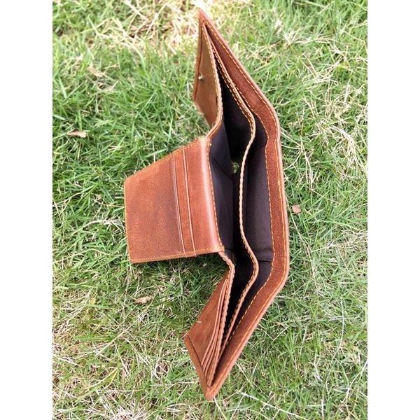 Ví Nam Da Bò Ví Gập 3 Có Ngăn Kéo Khóa Khâu Viền Bo Góc Bên