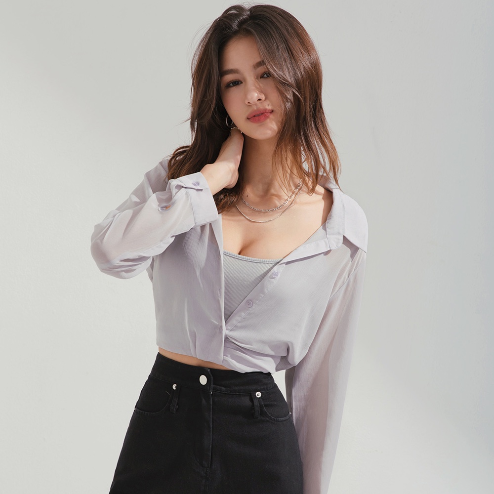 Set áo sơ mi dáng ngắn xuyên thấu kèm áo 2 dây nữ Air Space 2210121021