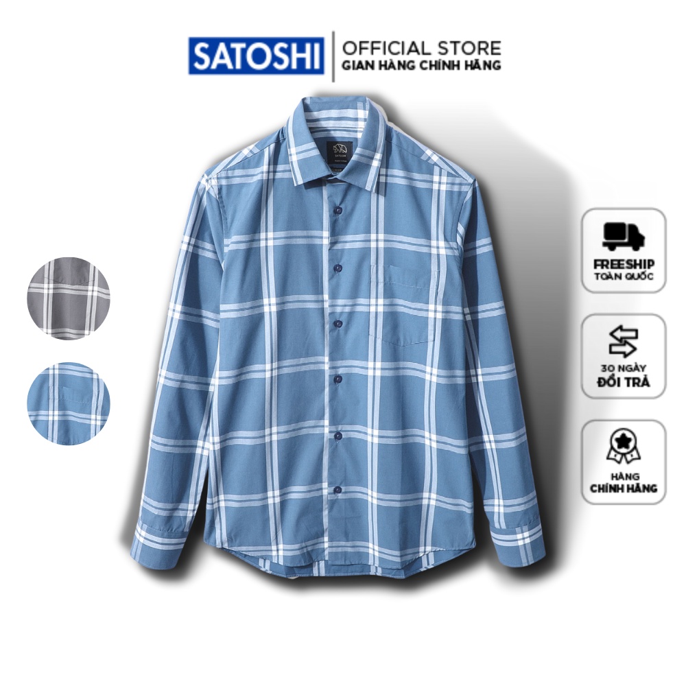 Áo sơ mi SASM64 caro lớn tay dài màu xanh / xám có túi trước ngực |SATOSHI|