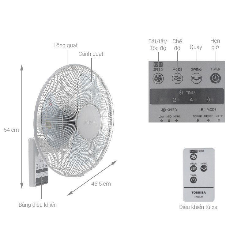Quạt treo tường 3 cánh có remote điều khiển từ xa màu xám Toshiba F-WSA20VN 55W - Hàng chính hãng
