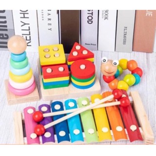 Combo 4 món đồ chơi - Luồn hạt - Sâu gỗ - Đàn gỗ 8 thanh - Tháp cầu vồng - giúp bé phát triển trí thông minh
