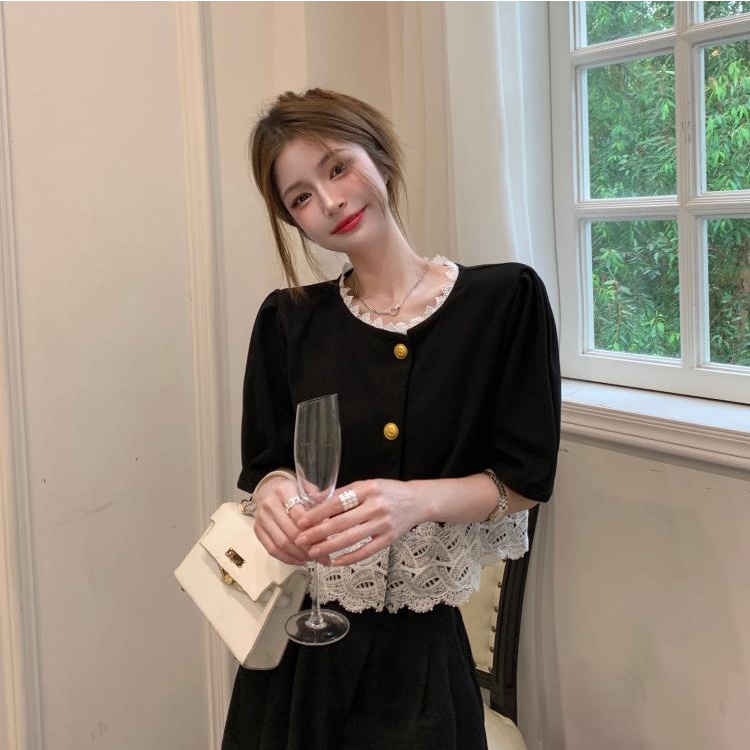 Áo lửng SUXI ngắn tay phối ren thời trang mùa hè dành cho nữ