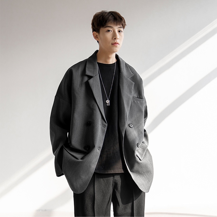 ♞AFF LIGA♞ Áo khoác blazer tay dài dáng rộng màu xám và đen phong cách cổ điển thời trang Hàn Quốc cho nam