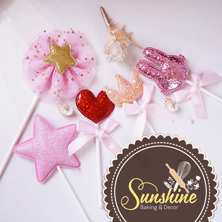 Set 5 que cắm Thỏ Tim Sao Vương Miện nhũ Topper Trang Trí Bánh Kem Sinh Nhật