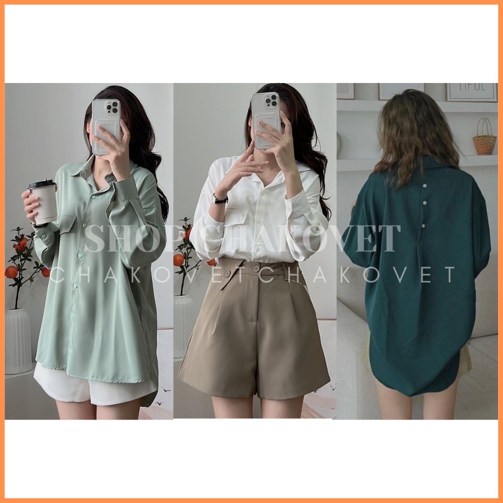 Áo sơ mi dài tay oversize vạt đuôi cá A8351 lưng cách điệu cài khuy sau túi nắp style ullzzang học sinh công sở-CHAKOVET