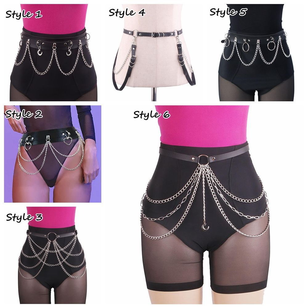 Dây xích da màu đen đeo thắt lưng phong cách hip hop thời trang cho nữ