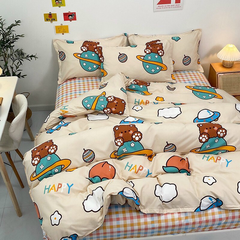 Bộ chăn ga gối , drap giường chất cotton poly họa tiết đồ vật hapy