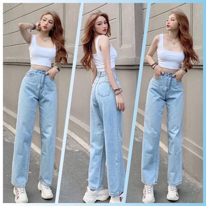 QUẦN JEANS XUÔNG DÀI TRƠN xanh đậm- nhạt may gấu- clip shop quay