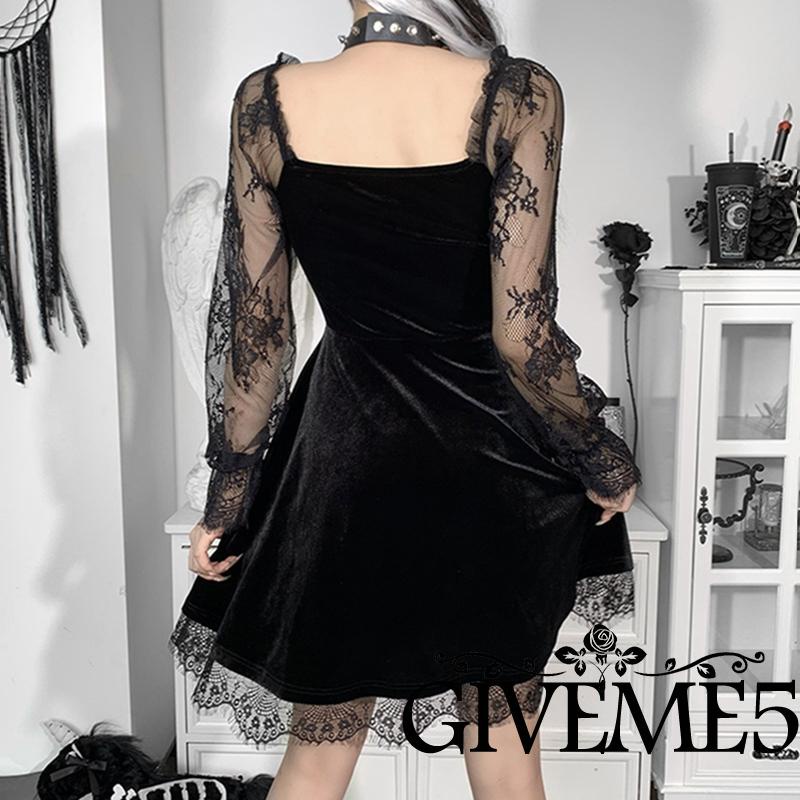 Đầm chữ A tay dài phối ren màu đen phong cách Gothic cổ điển thời trang mùa thu cho nữ