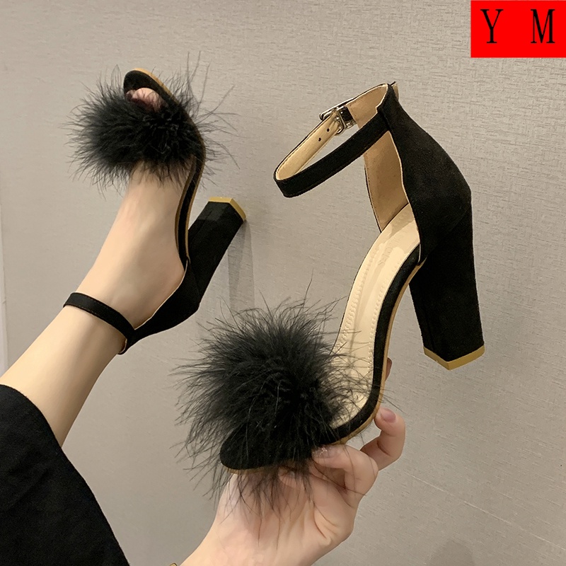 Giày Cao Gót Đính Lông Tua Rua Thời Trang Mùa Hè Dễ Phối Đồ Cho Nữ