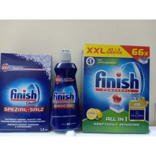 Bộ 3 sản phẩm viên rửa bát 66 viên + nước làm bóng Finish 400 ml + họp muối rửa bát Finish 1,2kg