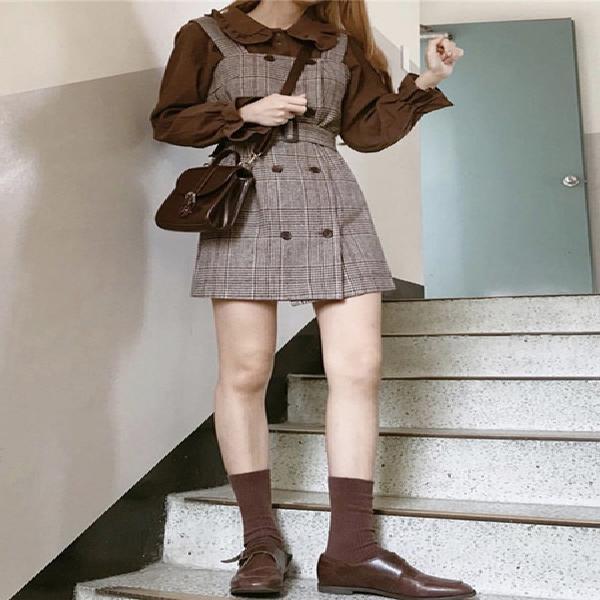 Autumn and Winter New Academy Style Age Reducing Design Shirt Plaid Strap Dress Small Two Piece Suit