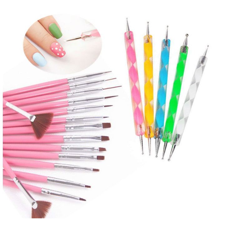 combo bộ 15 cây cọ làm nail và 5 cây chấm bi đủ cỡ