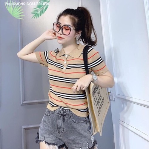 Áo len mỏng kẻ BB cổ bẻ kẻ ngang ngắn tay cúc cài CS075 - NhiNhi Shop | BigBuy360 - bigbuy360.vn