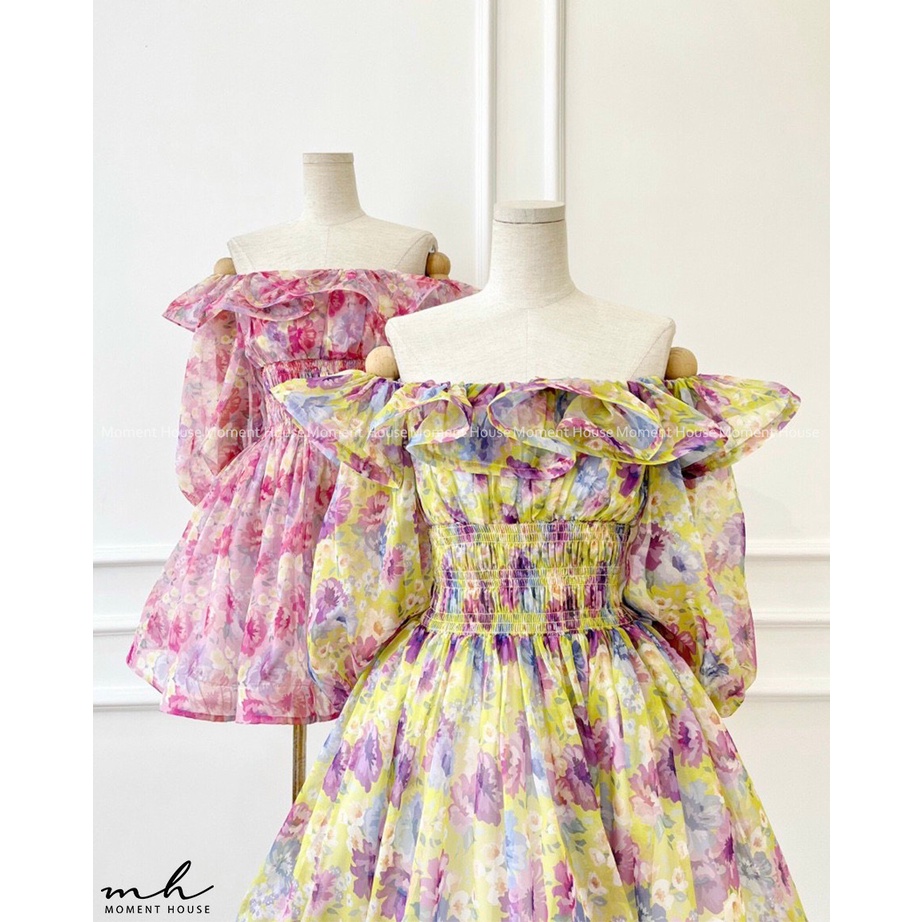 Đầm hoa xòe trễ vai , có tay , KIRA DRESS, may 2 lớp chuẩn xịn hàng thiết kế,form tùng xòe
