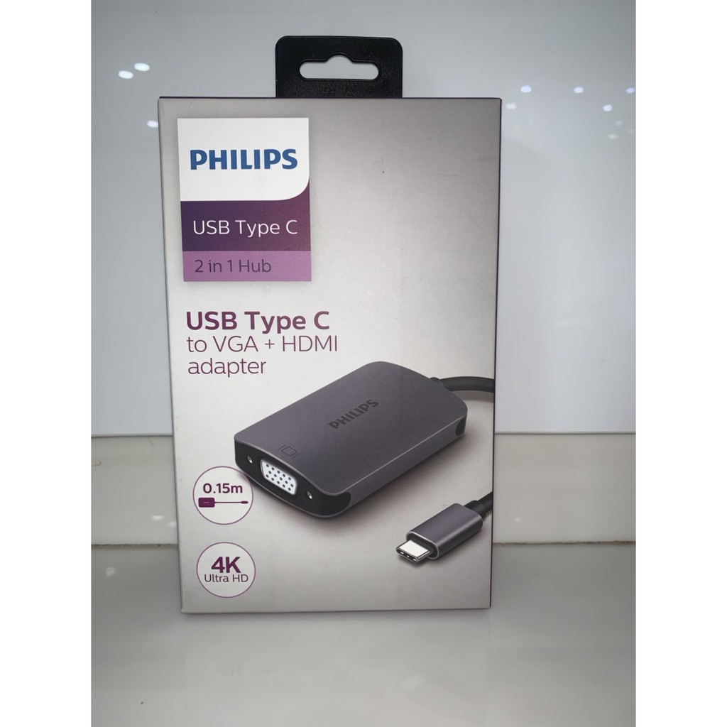 Cáp Type C -&gt; HDMI + VGA Philips DLK 5512C/94 , cáp chuyển máy tính Type C sang màn hình/tv/ máy chiếu HDMi và Vga